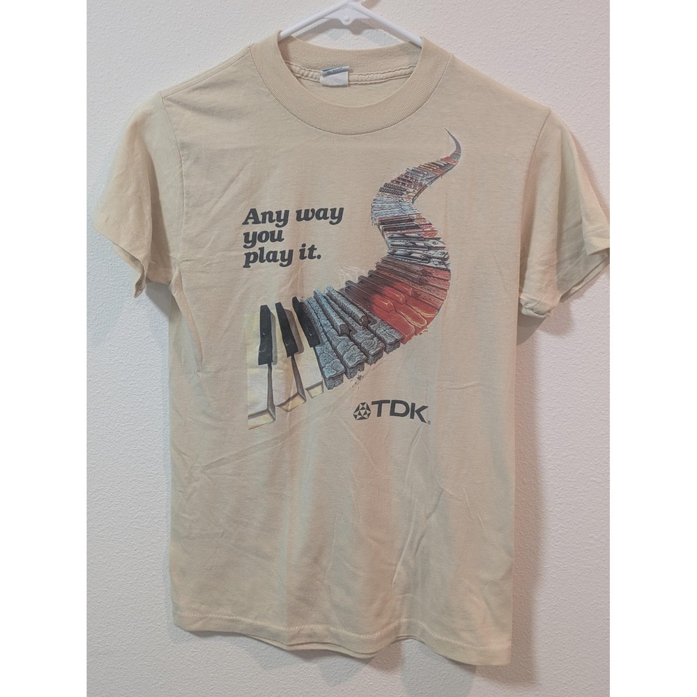 Vintage TDK Shirt Mens Medium Beige Music Art Piano Graphic Tee 70s